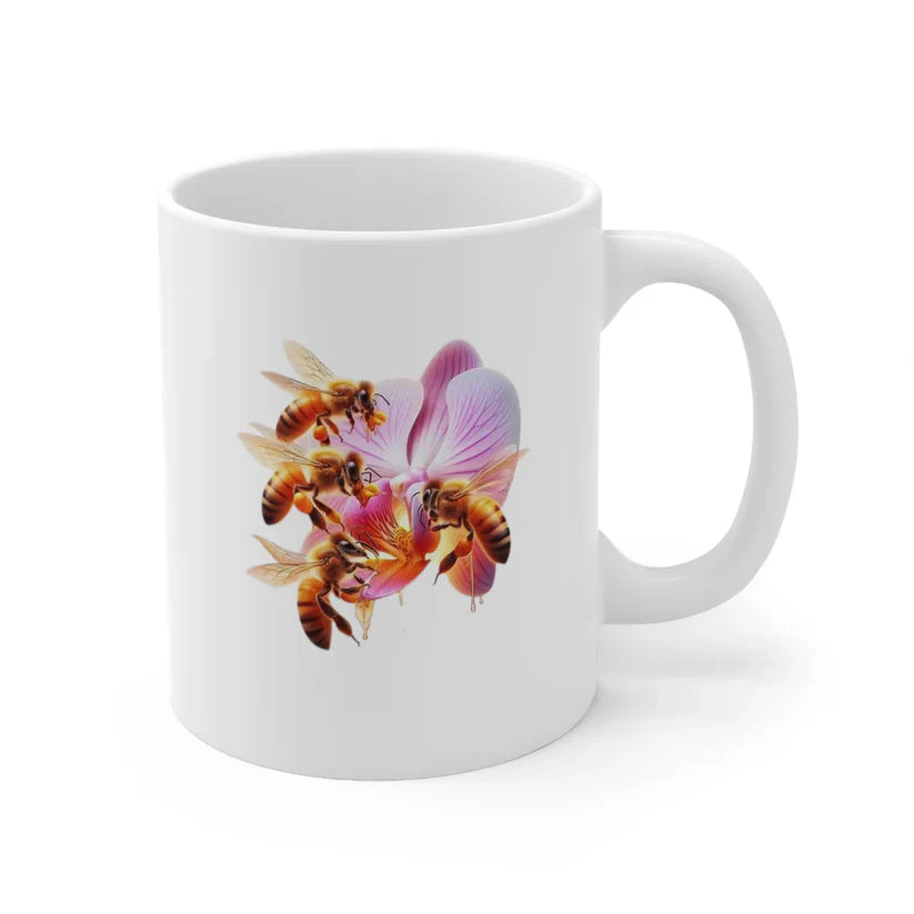 "Bee Happy Mug with motivational quote and cheerful bee illustration."