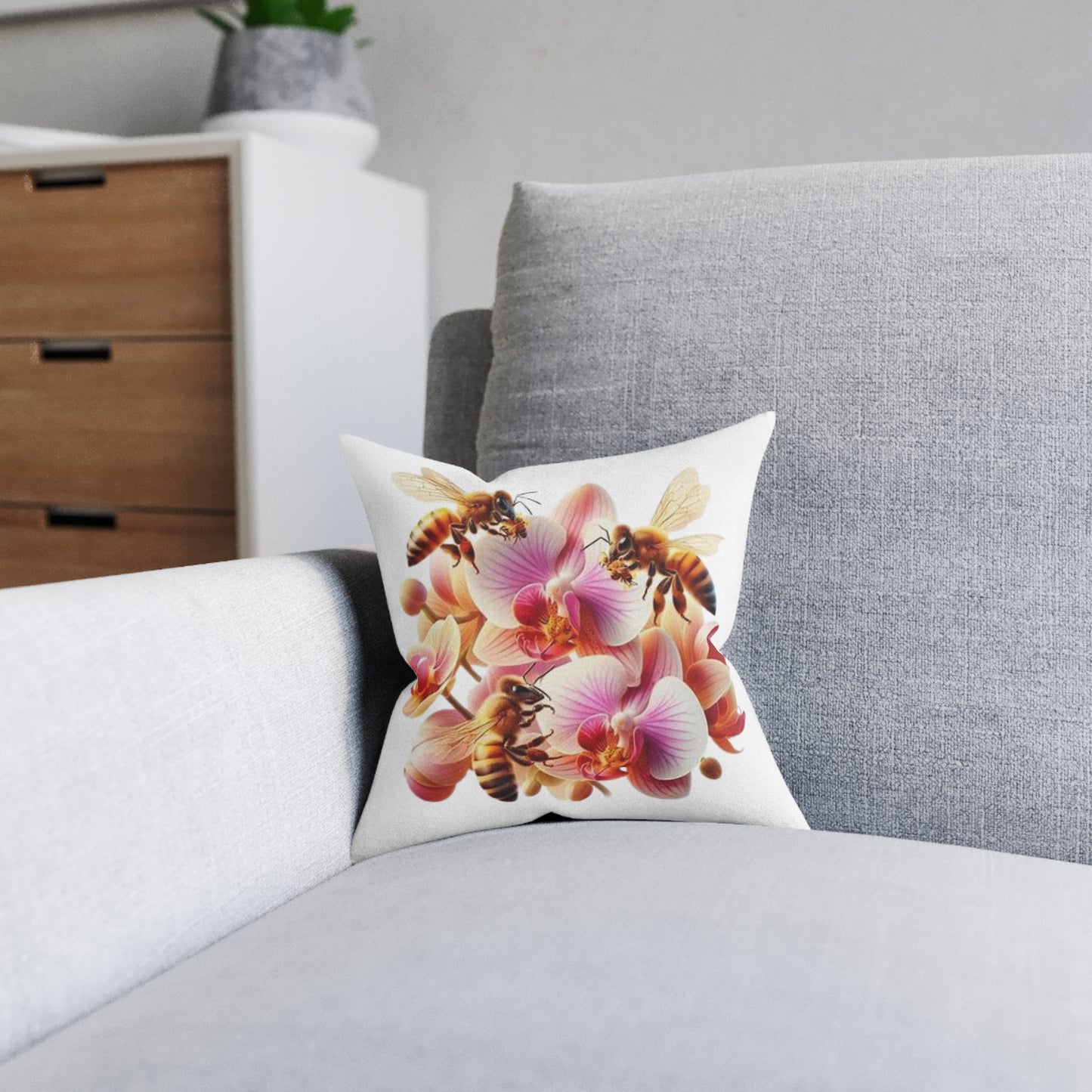 Bee Flower Square Pillow - Pink Back