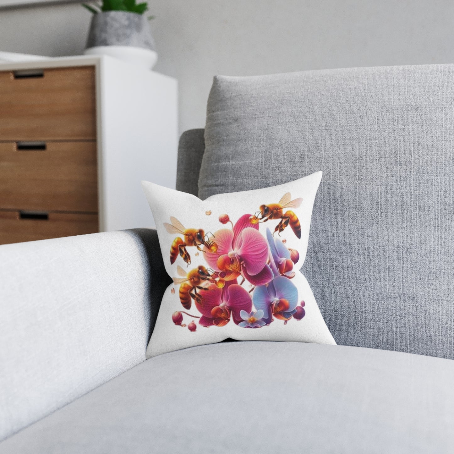 Bee Flower Square Pillow - Pink Back