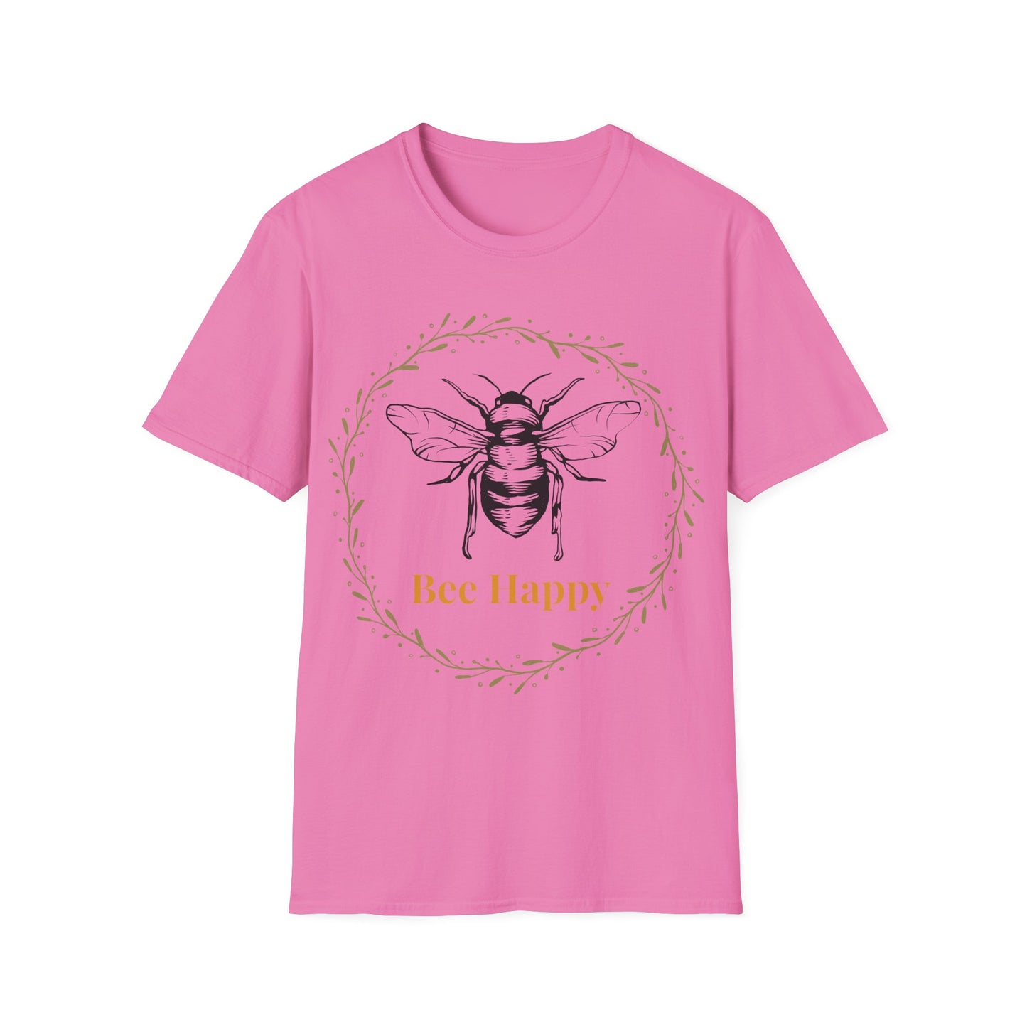 bee happy t shirt Pink front view