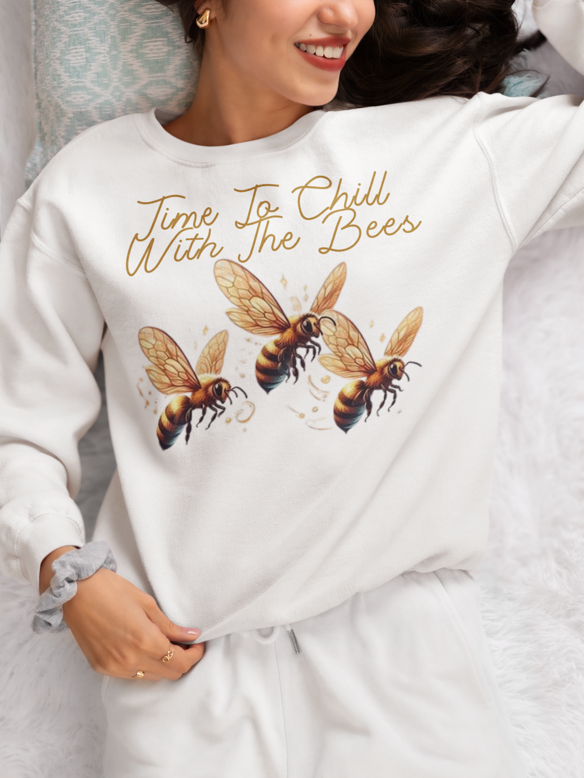 Time to chill with the bees white Sweatshirt front view from CBBees.shop