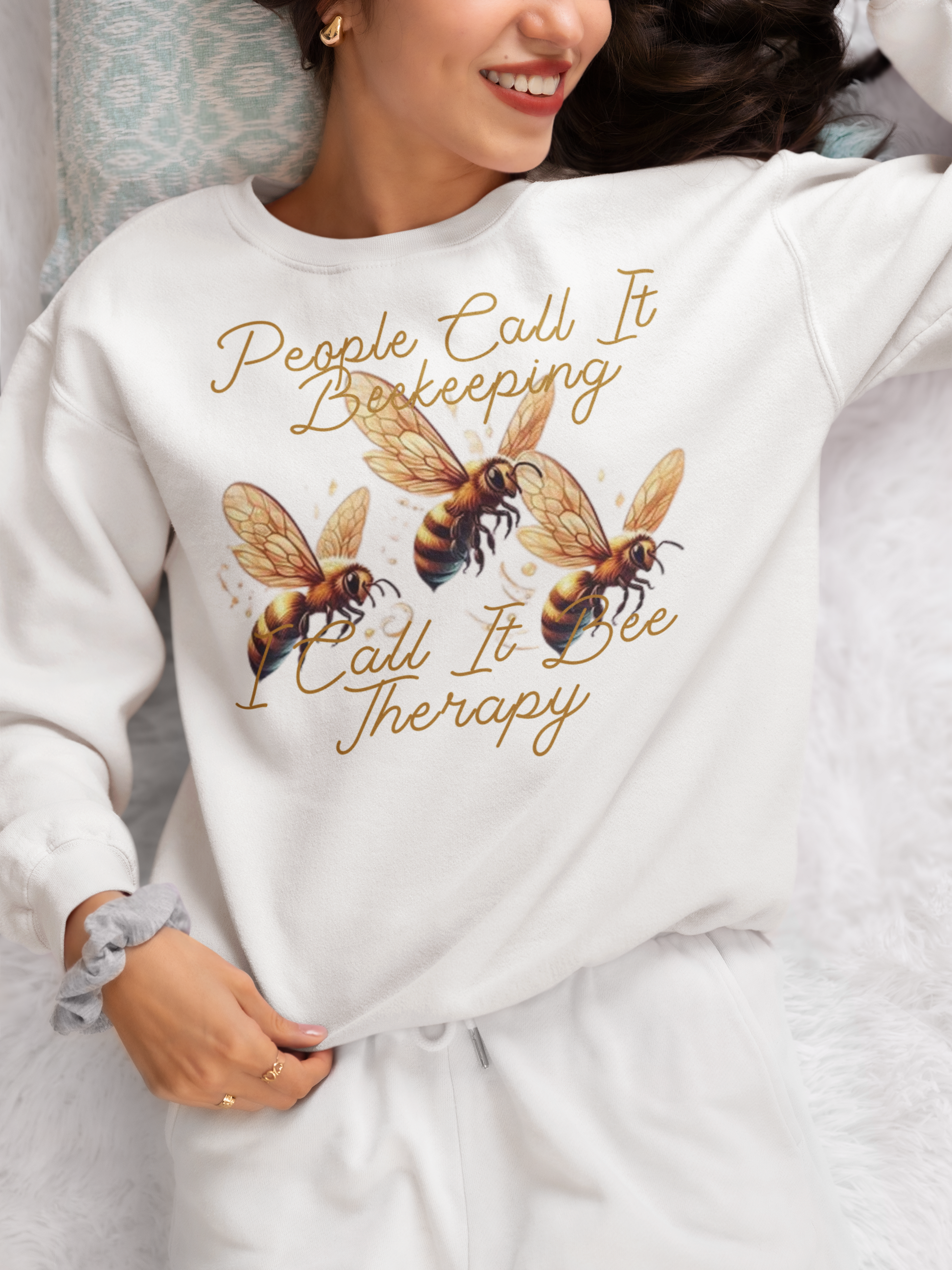 People call it Beekeeping I call it Bee Therapy Sweatshirt white Front View from CBBees.shop