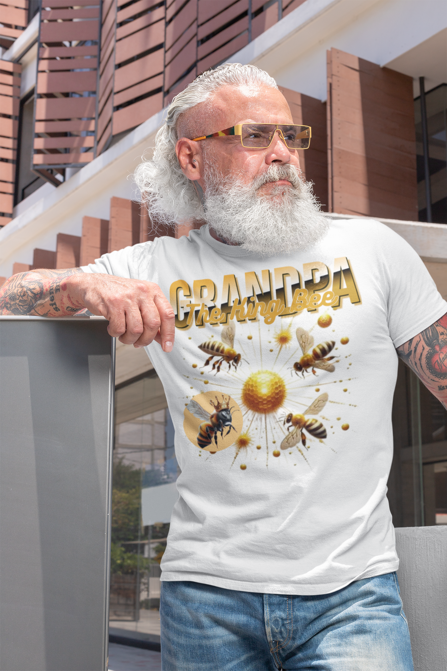 "Grandad King Bee T-Shirt with crown and bee design."